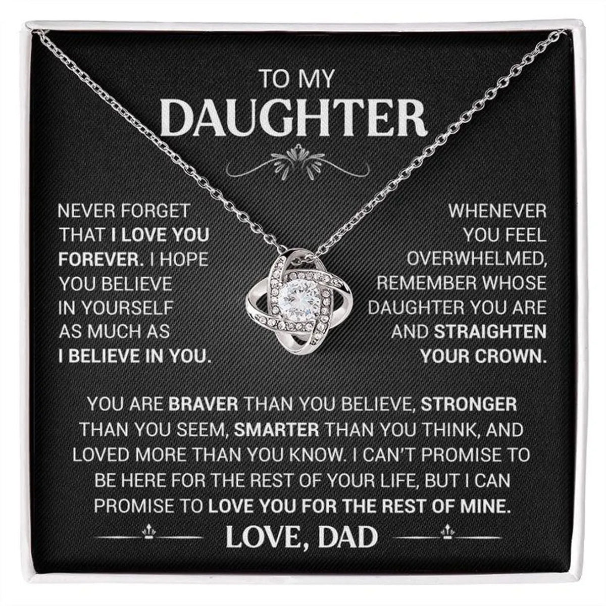 Silver-tone love-knot necklace on its To My Daughter message card, signed Love, Dad