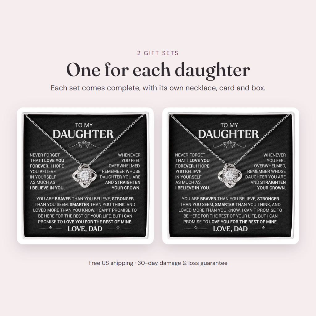 Two complete gift sets, each with its own necklace, card and box