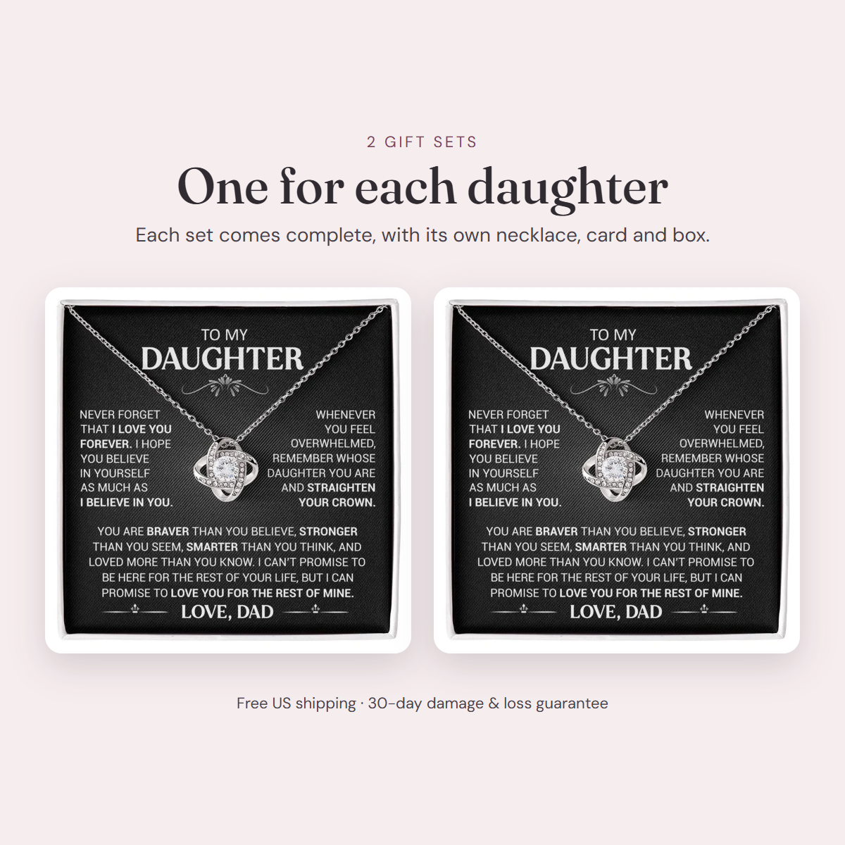 Two complete gift sets, each with its own necklace, card and box