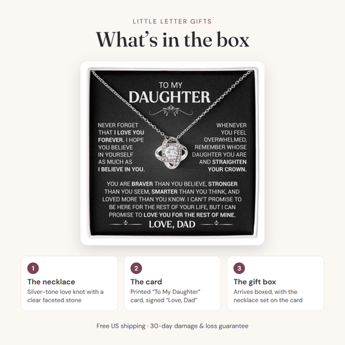 What's in the box: the necklace, a printed To My Daughter card signed Love, Dad, and a gift box